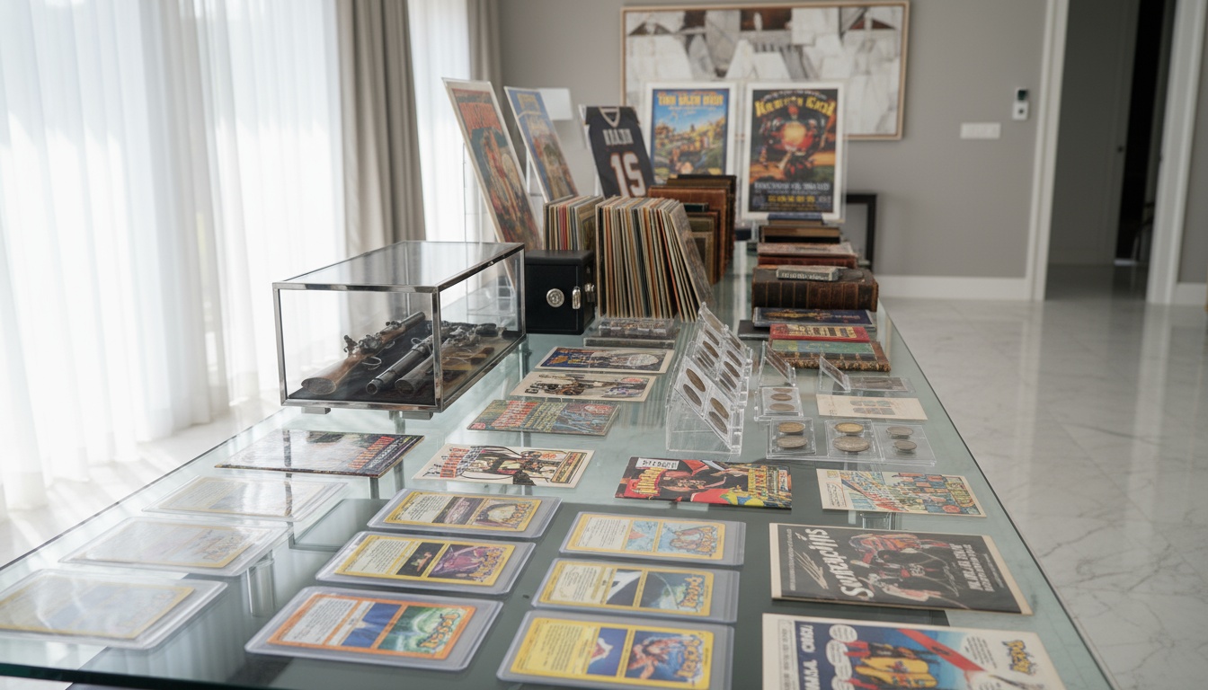 A man appraising furniture in a home. Cartoon image in purple.