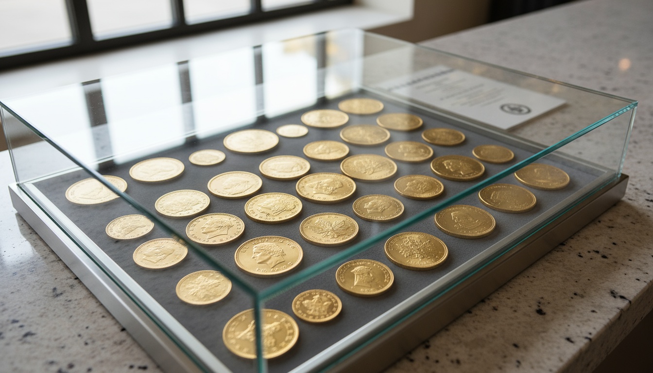 A man appraising furniture in a home. Cartoon image in purple.