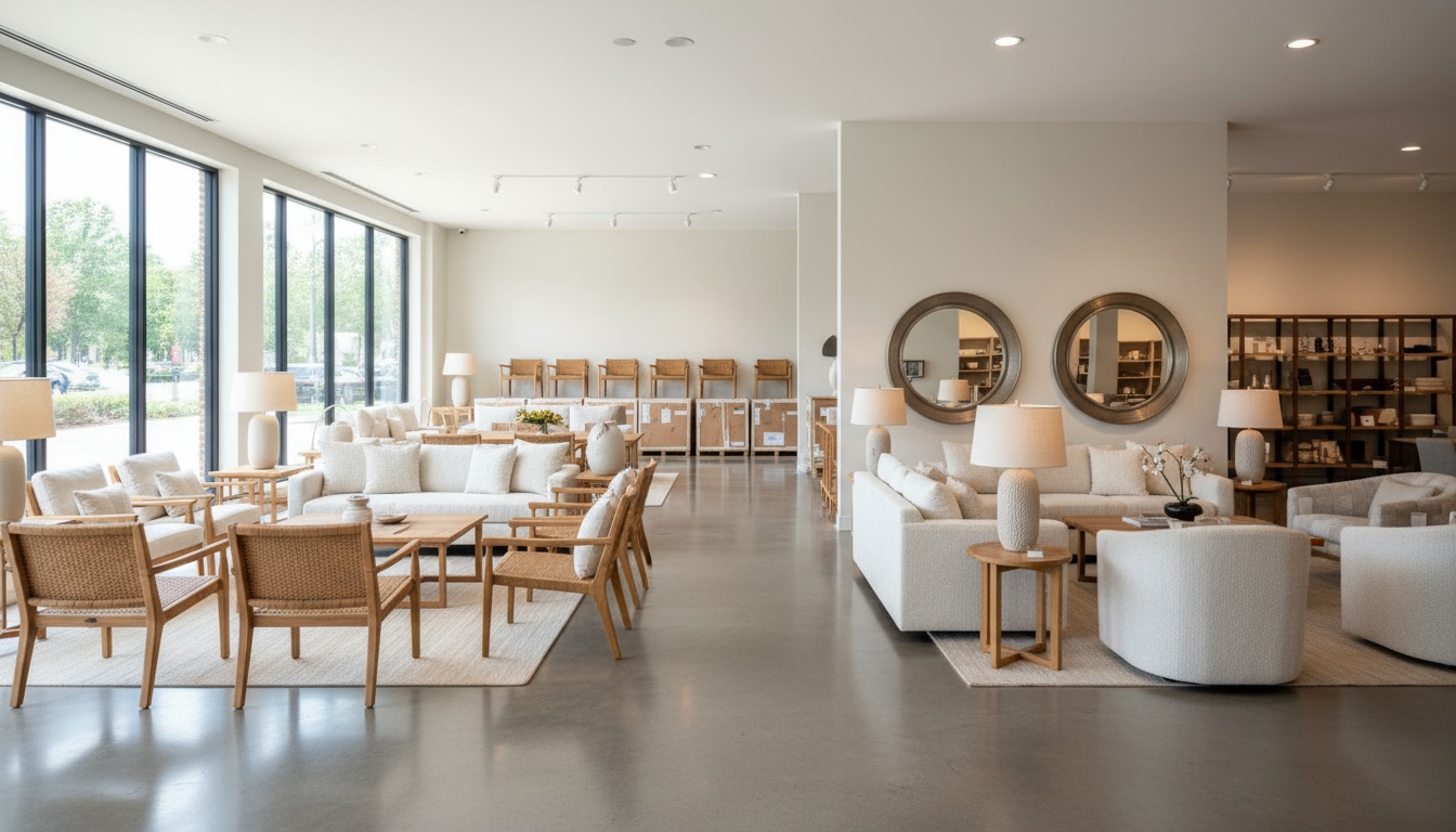 A man appraising furniture in a home. Cartoon image in purple. 