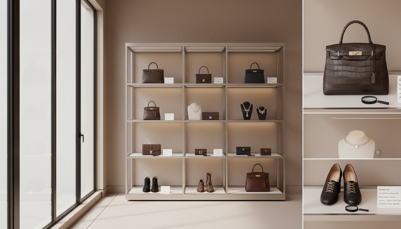 A man appraising furniture in a home. Cartoon image in purple.