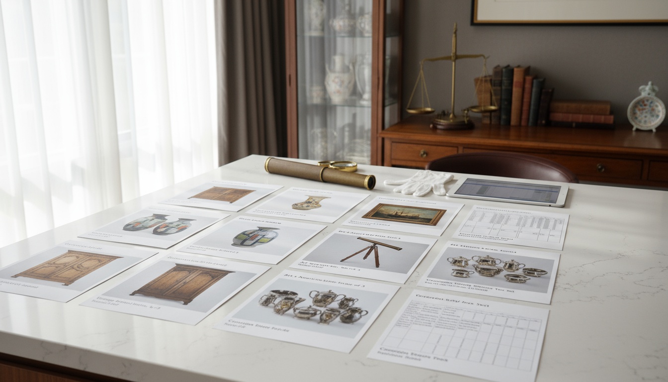 A man appraising furniture in a home. Cartoon image in purple.