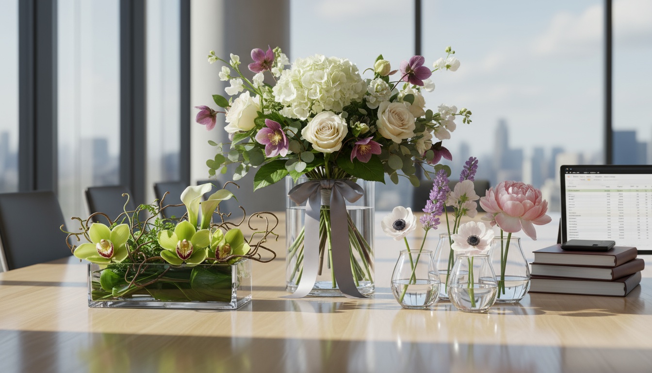 A man appraising furniture in a home. Cartoon image in purple.