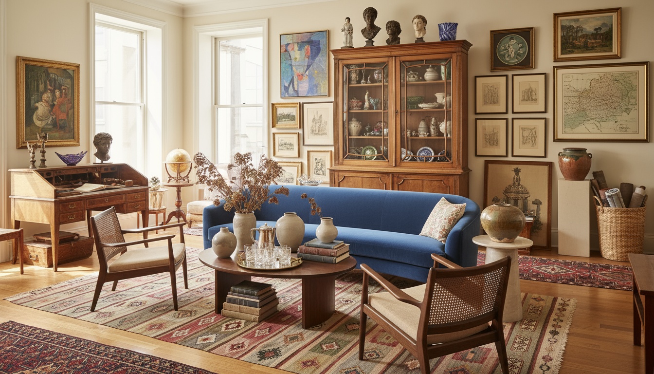 A man appraising furniture in a home. Cartoon image in purple.