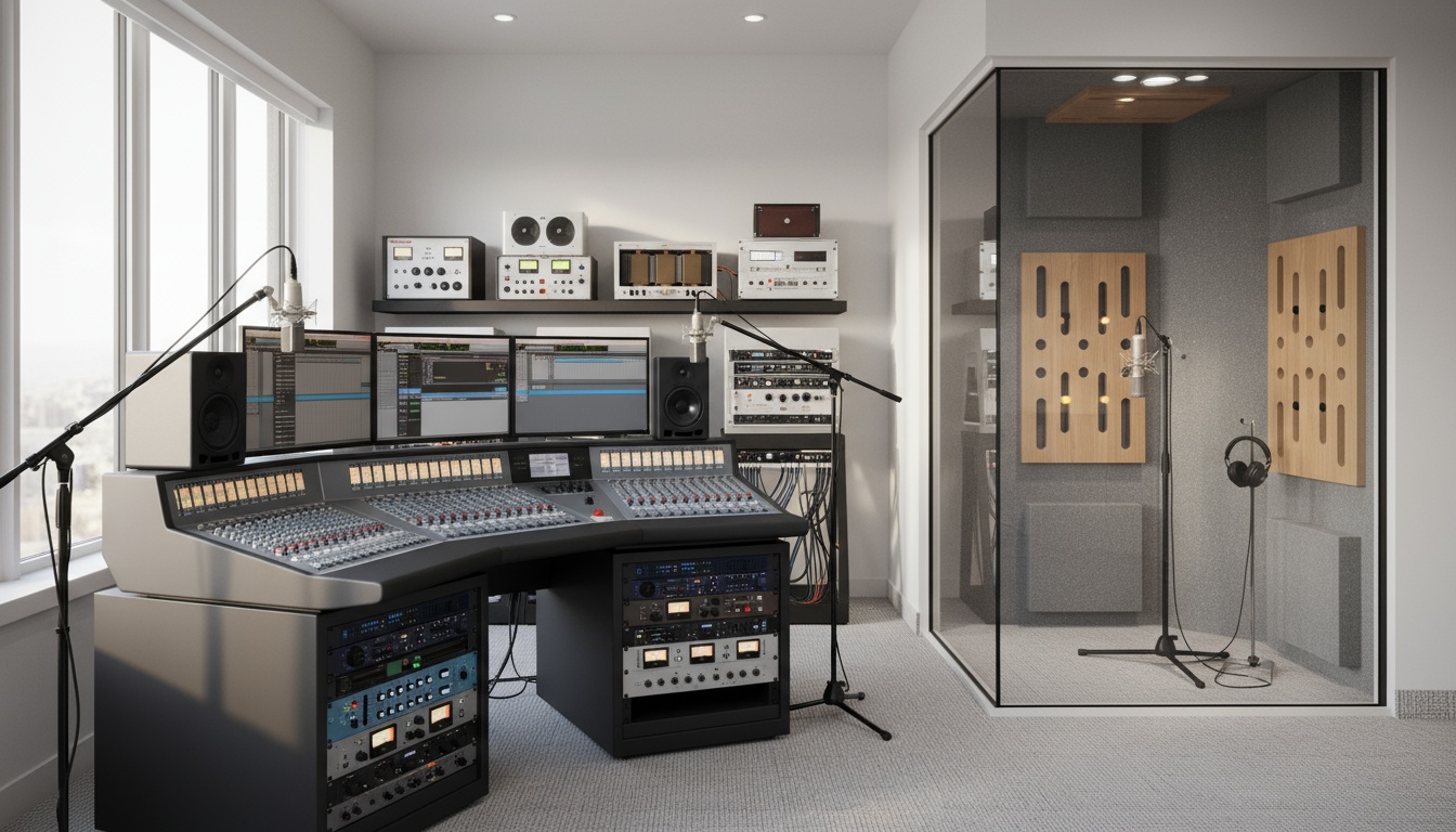 A man appraising furniture in a home. Cartoon image in purple.