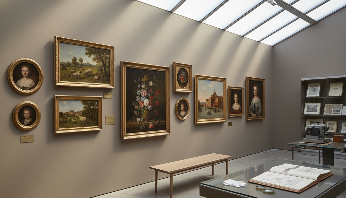 A man appraising furniture in a home. Cartoon image in purple.