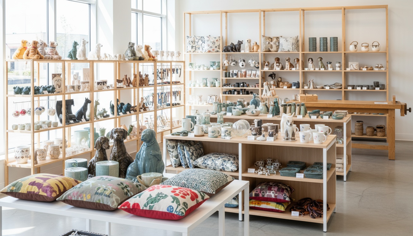 A man appraising furniture in a home. Cartoon image in purple.