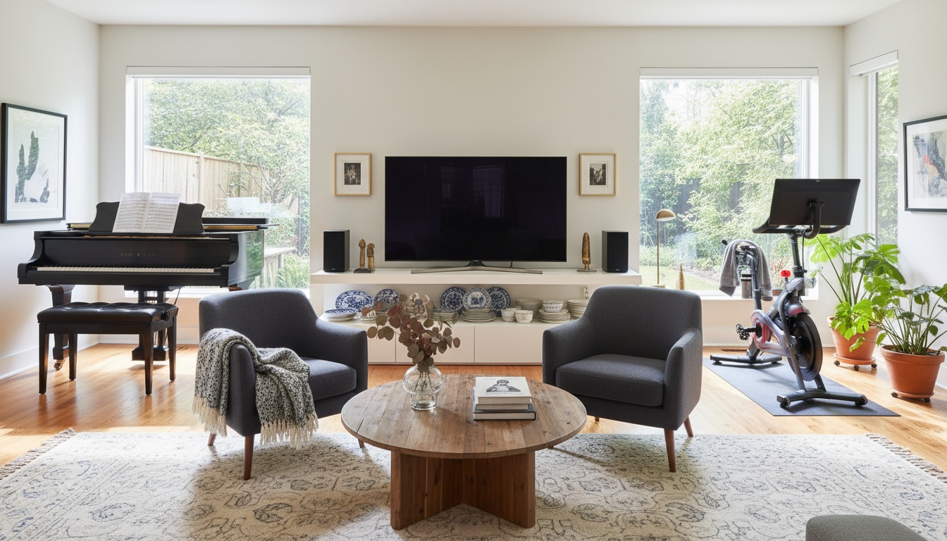A man appraising furniture in a home. Cartoon image in purple.