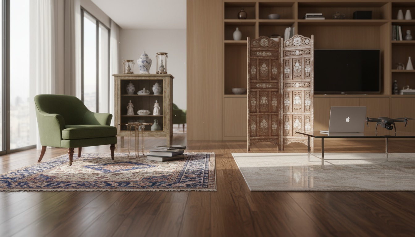 A man appraising furniture in a home. Cartoon image in purple.