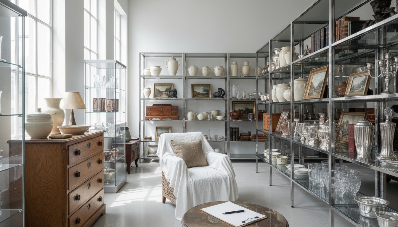 A man appraising furniture in a home. Cartoon image in purple.
