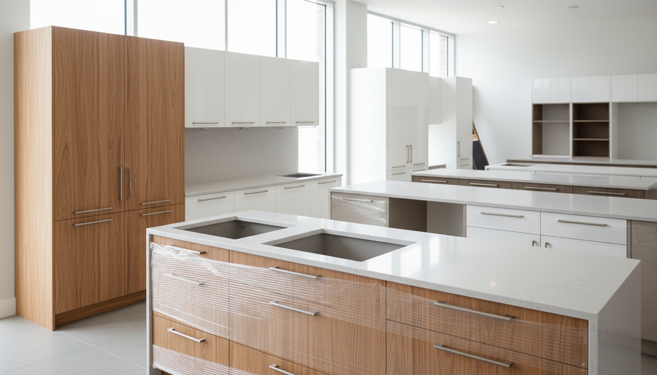 A man appraising furniture in a home. Cartoon image in purple.