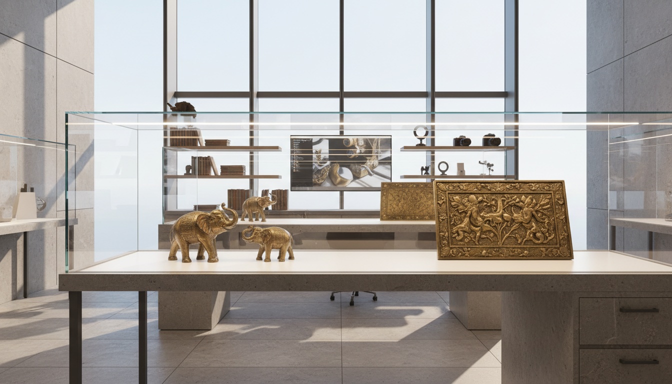 A man appraising furniture in a home. Cartoon image in purple.