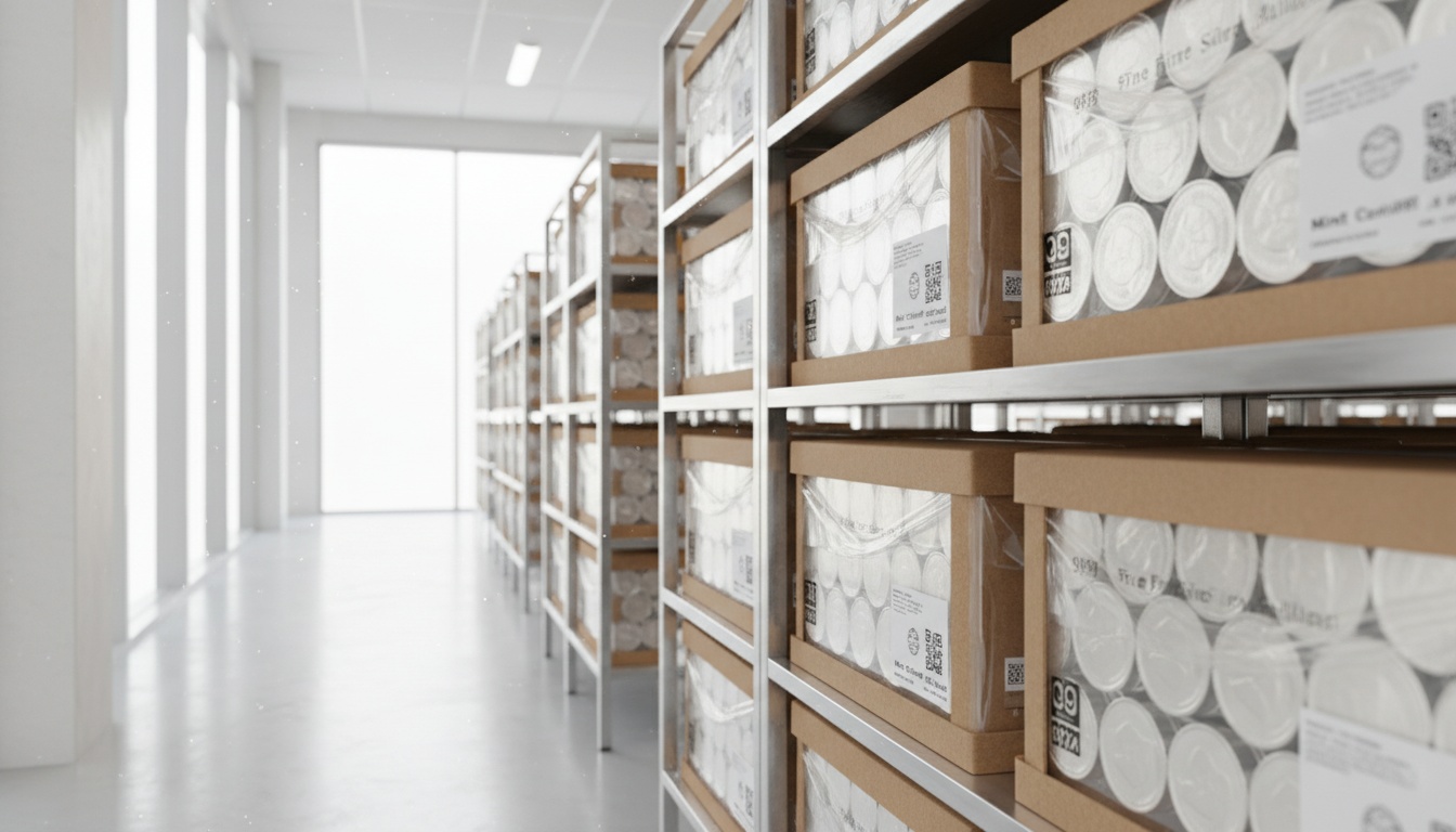 A man appraising furniture in a home. Cartoon image in purple.
