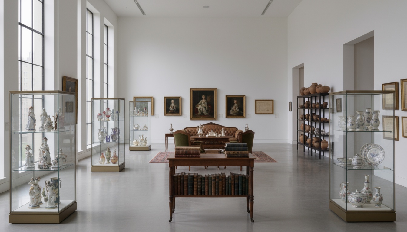 A man appraising furniture in a home. Cartoon image in purple. 