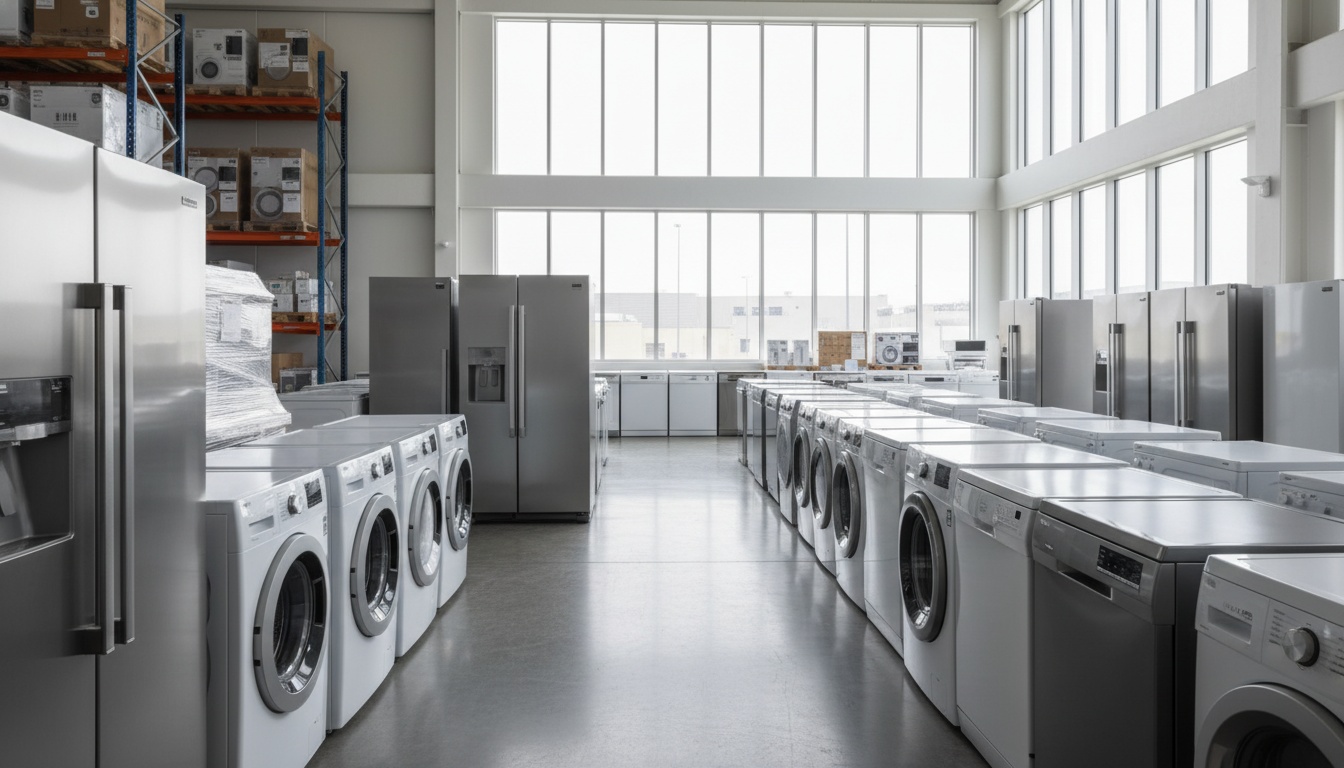 A man appraising furniture in a home. Cartoon image in purple.