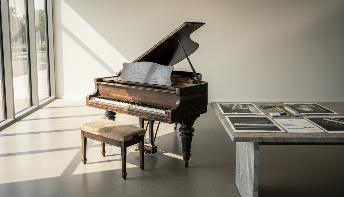 A man appraising furniture in a home. Cartoon image in purple.