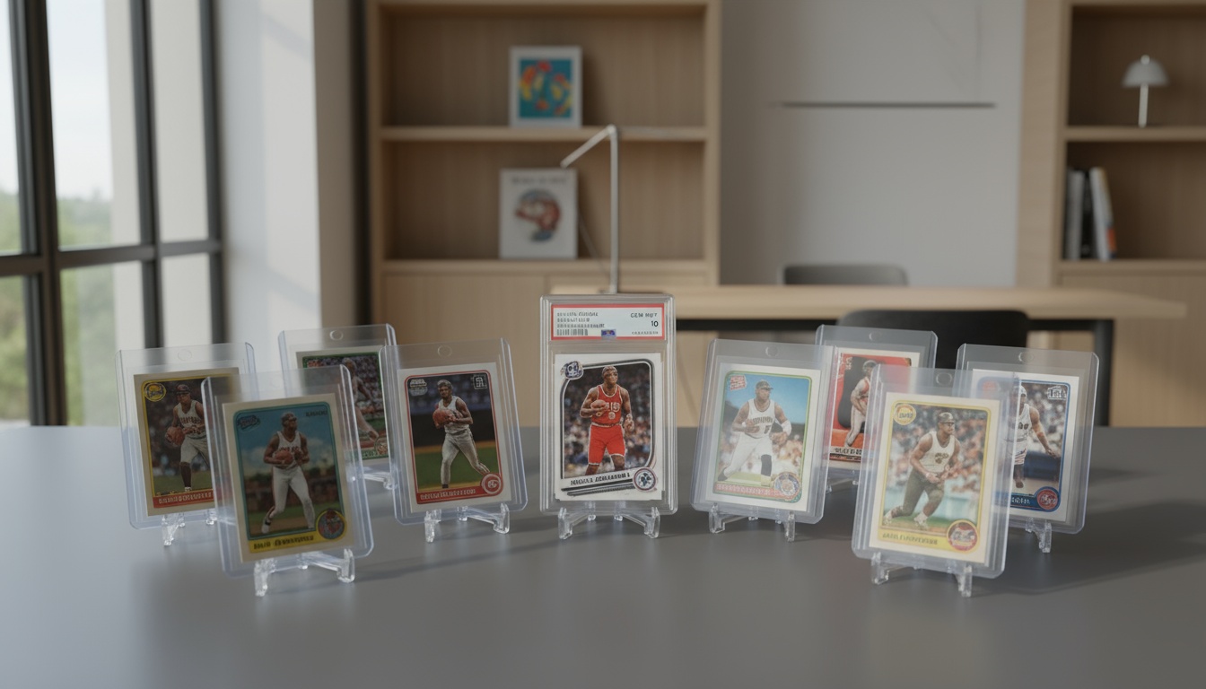 A man appraising furniture in a home. Cartoon image in purple. 