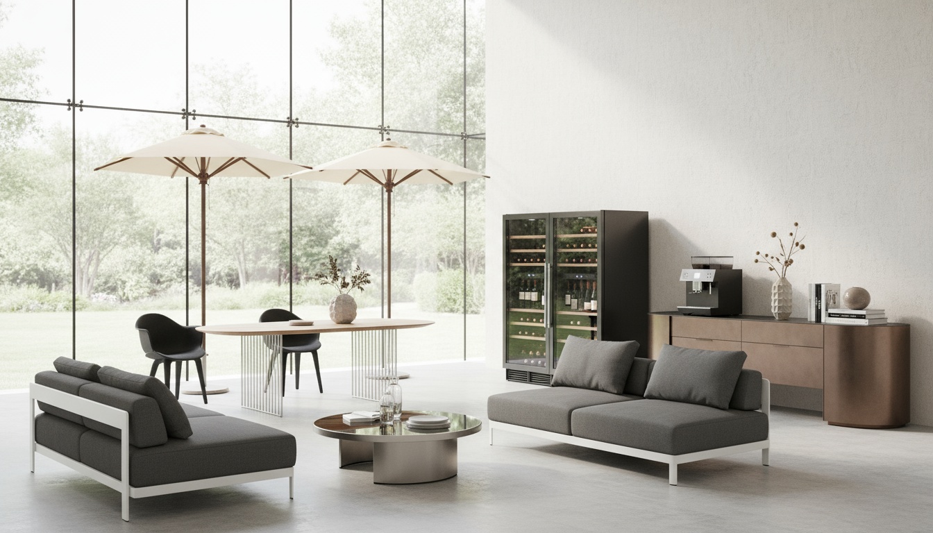 A man appraising furniture in a home. Cartoon image in purple. 