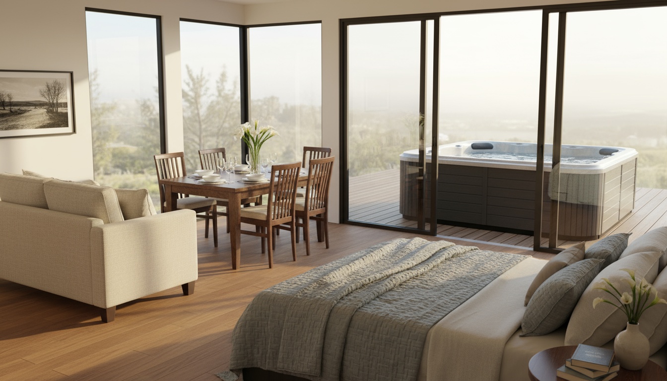 A man appraising furniture in a home. Cartoon image in purple. 