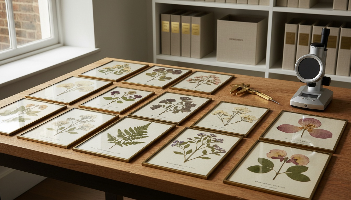 A man appraising furniture in a home. Cartoon image in purple. 