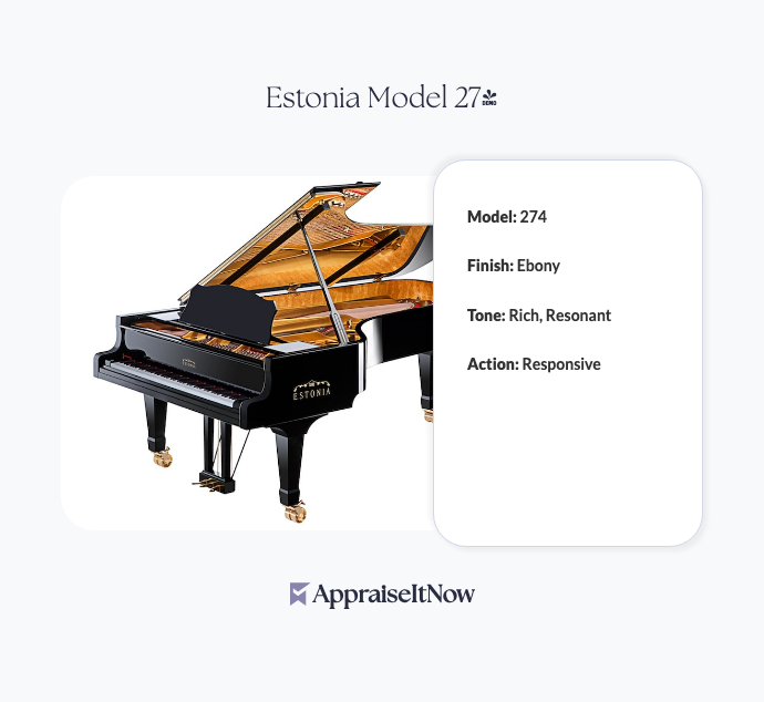 An Estonia Model 274 piano with a glossy ebony finish and intricate detailing.