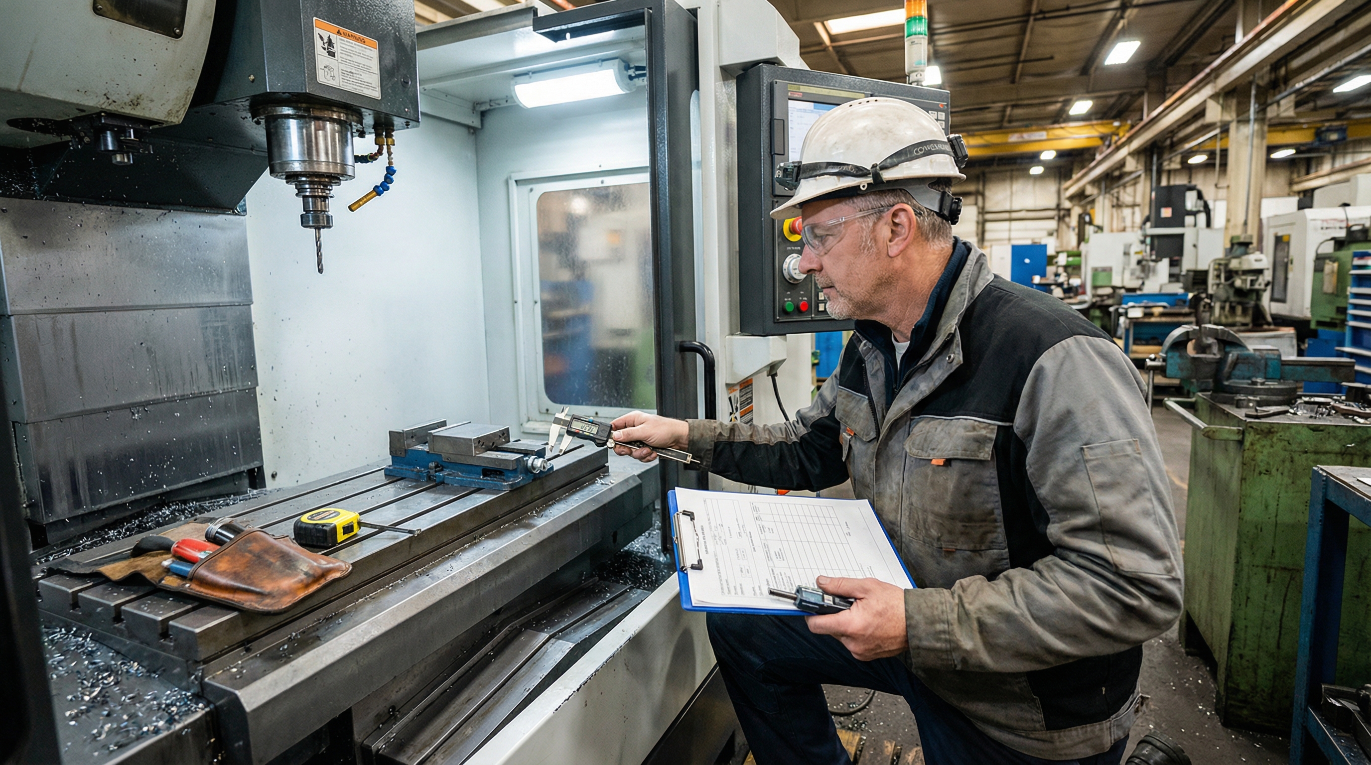Professional equipment appraiser examining CNC machining center with clipboard and measuring tools