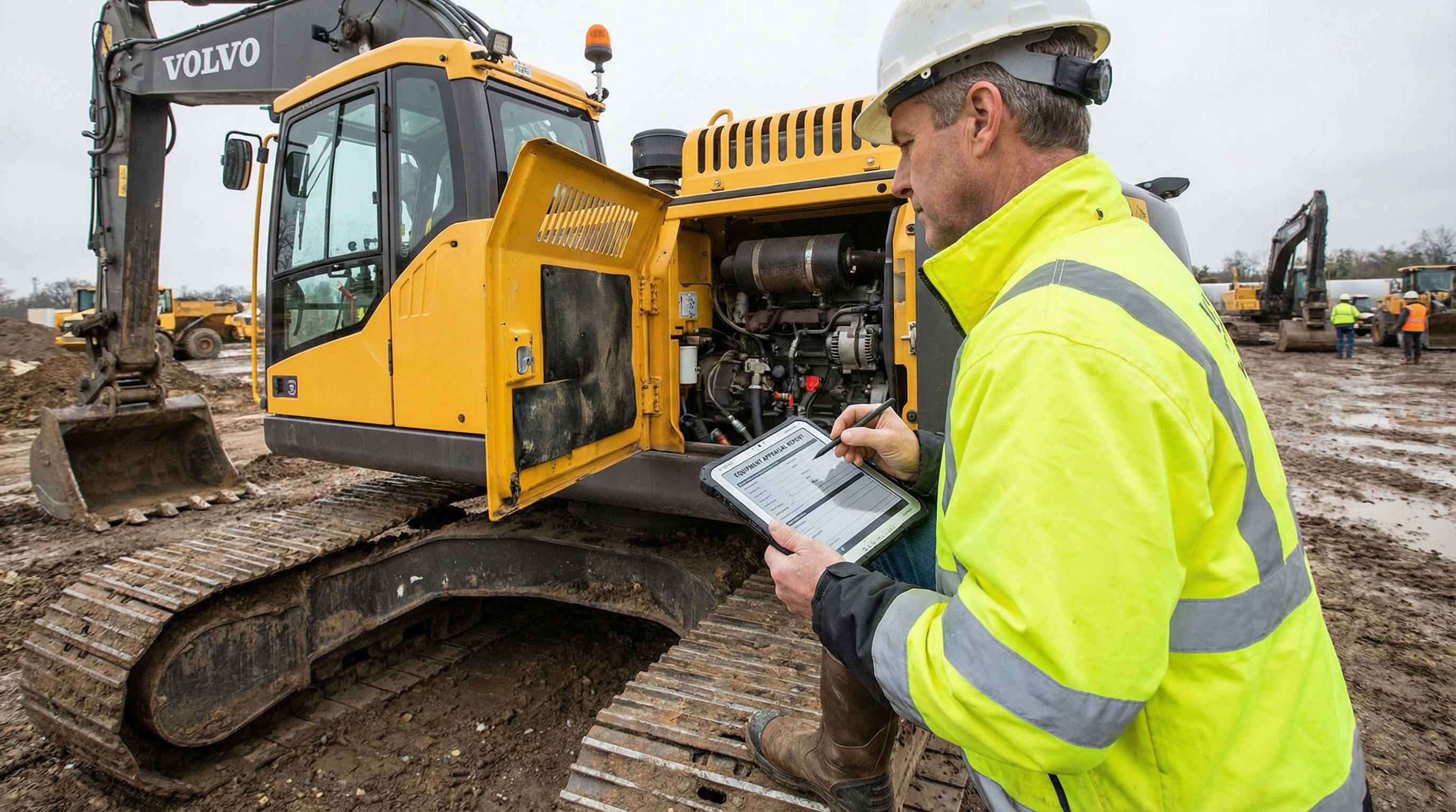 Professional appraiser using tablet to document construction equipment specifications and condition