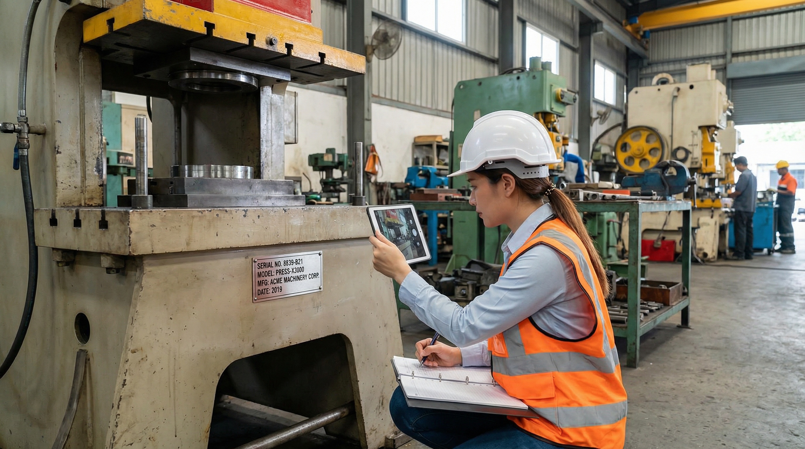 appraiser taking detailed notes and photos of manufacturing equipment with serial number plates visible