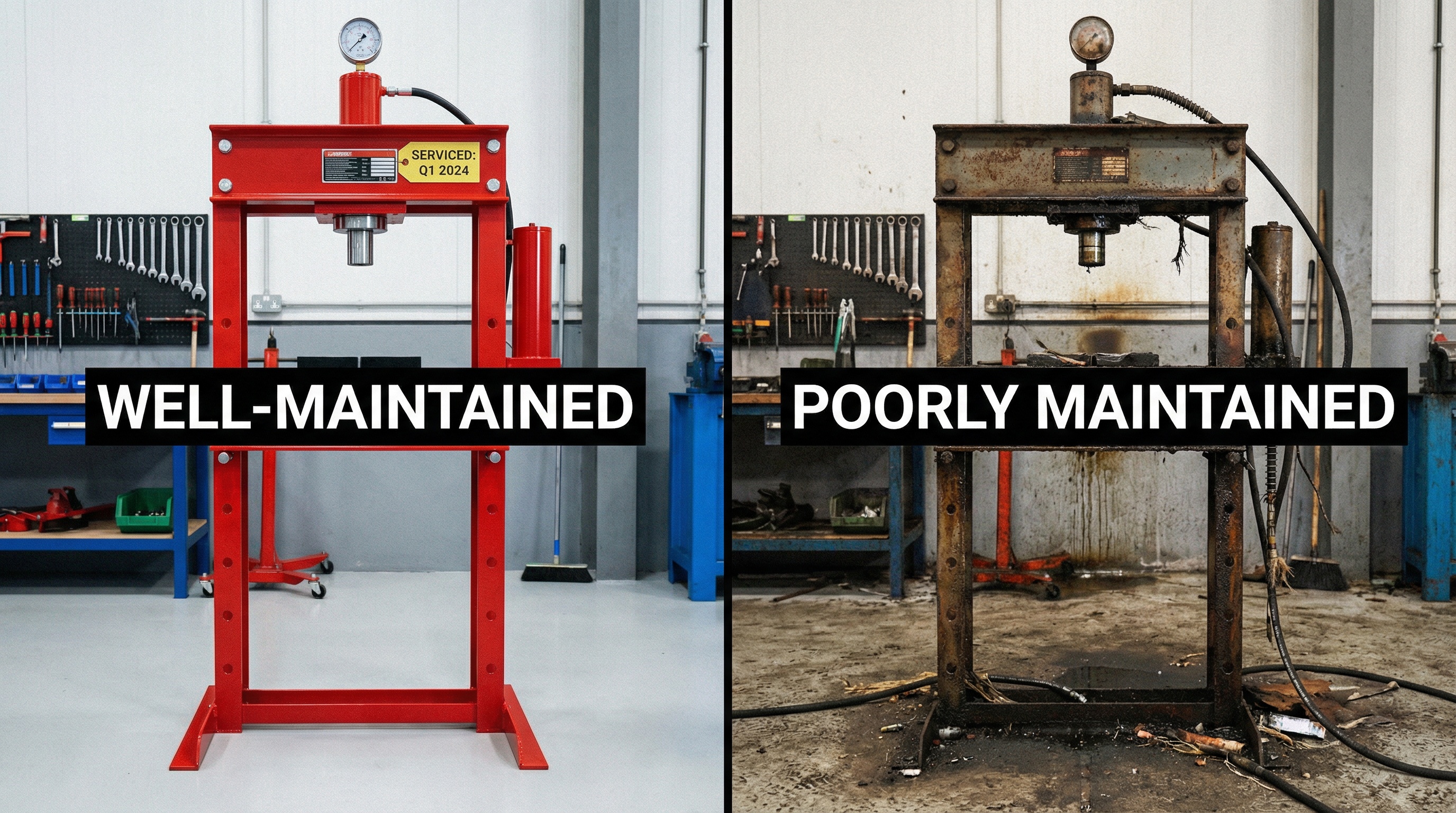 comparison showing well-maintained equipment next to equipment showing signs of wear and poor maintenance