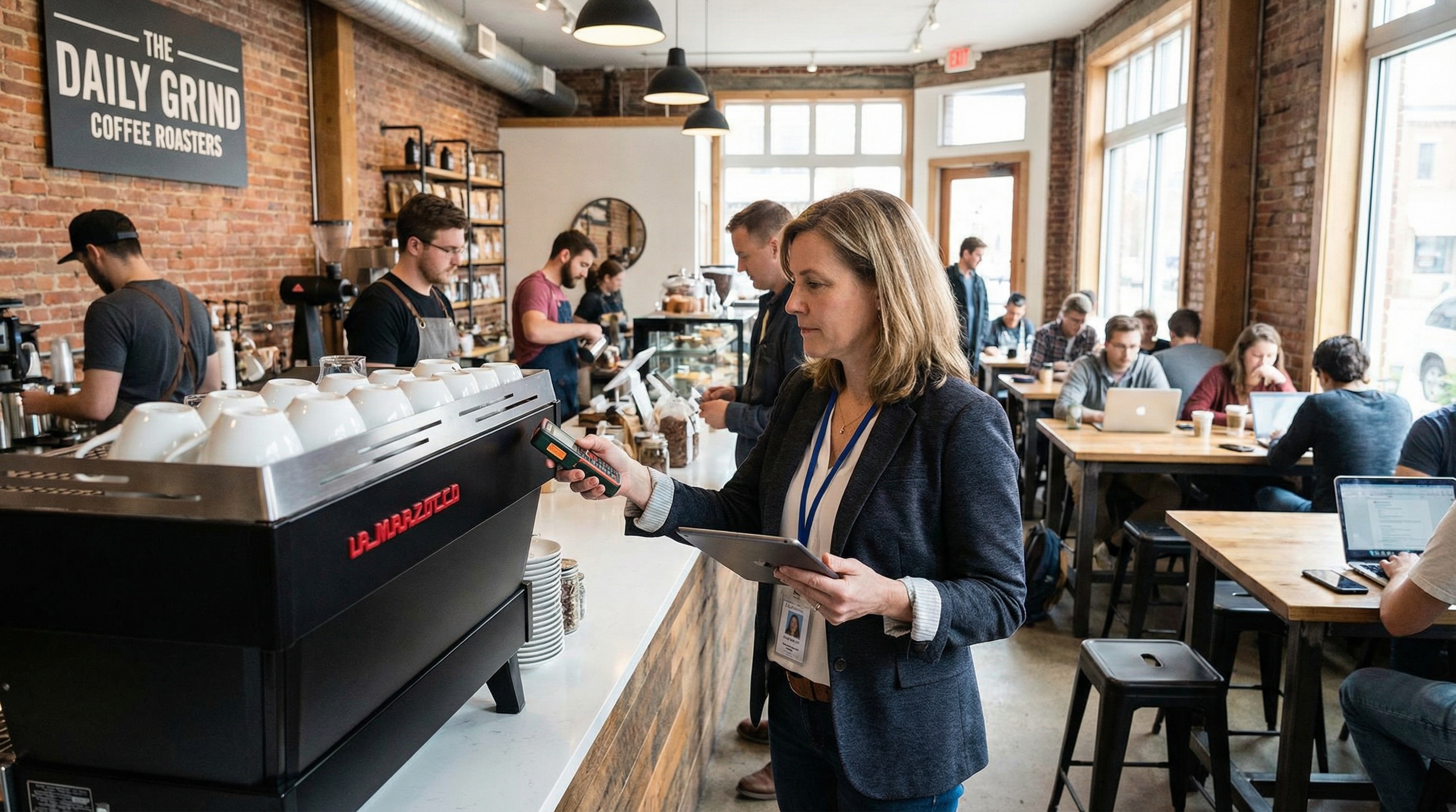 appraiser with tablet and measuring tools documenting commercial coffee equipment in a busy café setting
