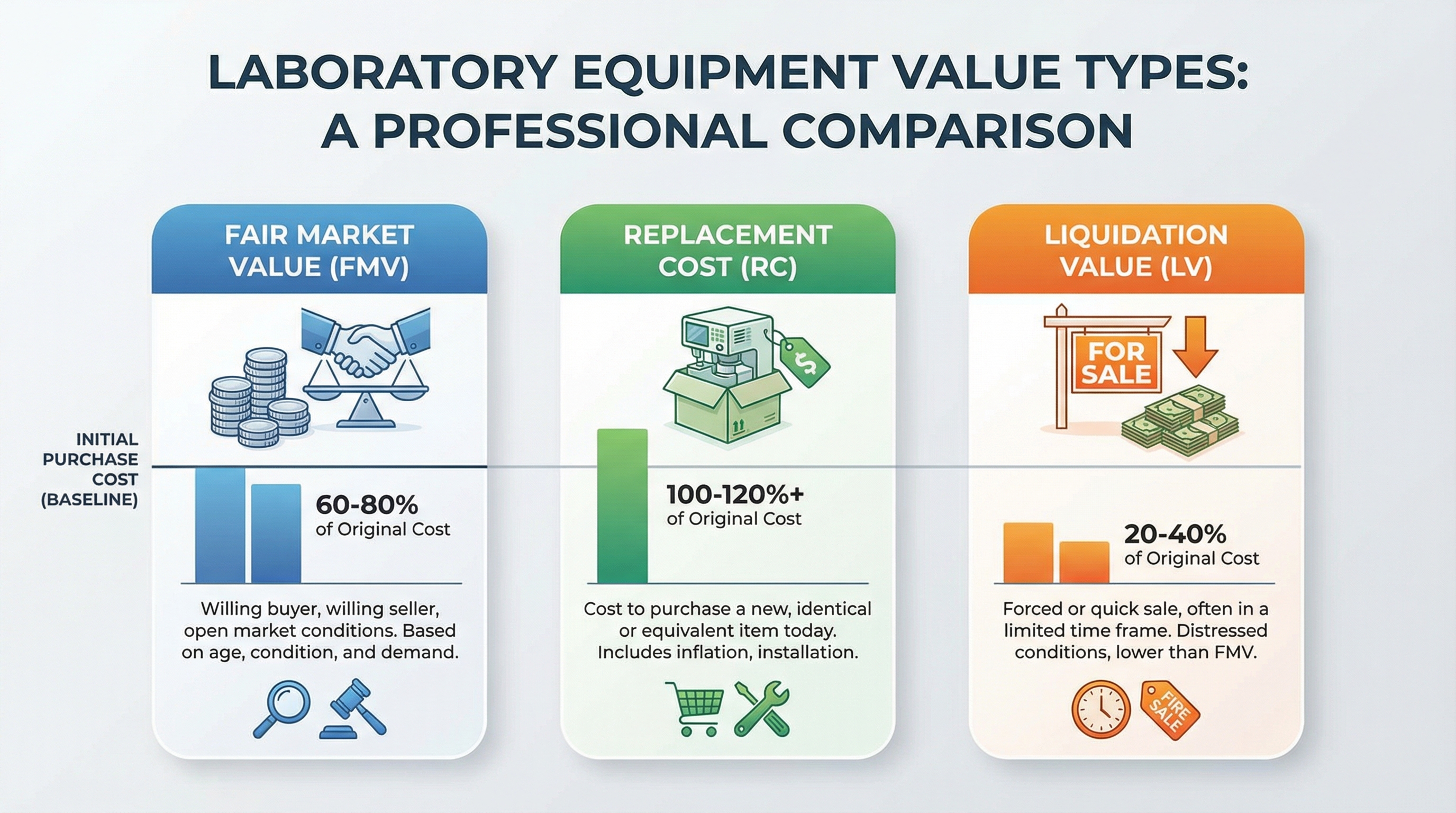 Types of lab equipment value comparison chart showing fair market value, replacement cost, and liquidation value