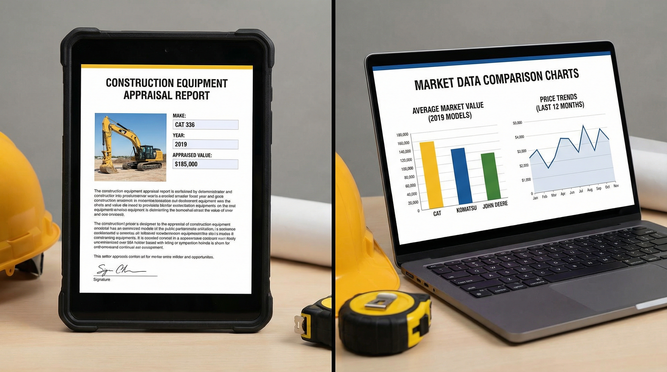 Split screen showing construction equipment appraisal report with market data comparison charts