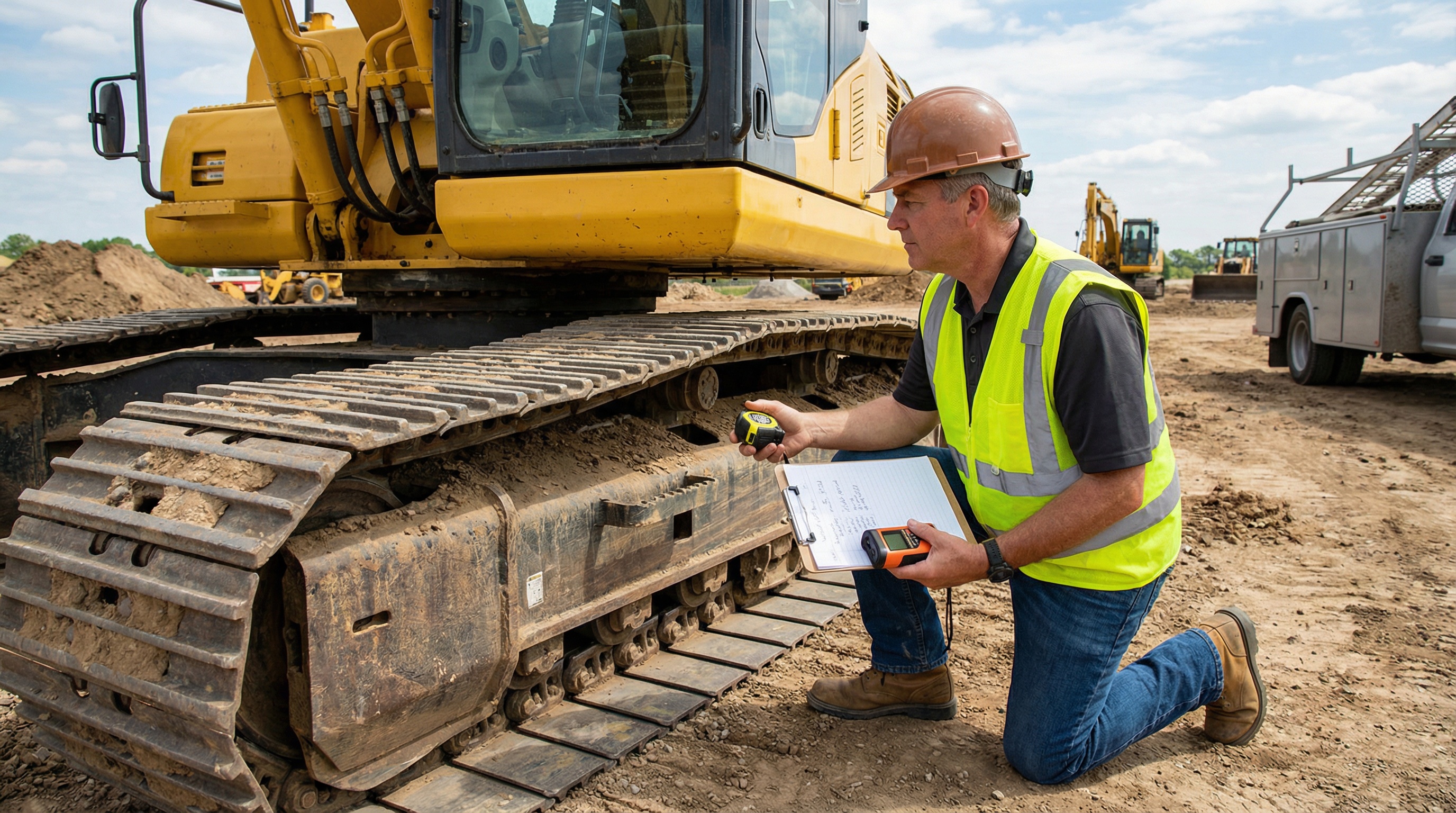 Construction equipment appraisal professional examining excavator with clipboard and measuring tools