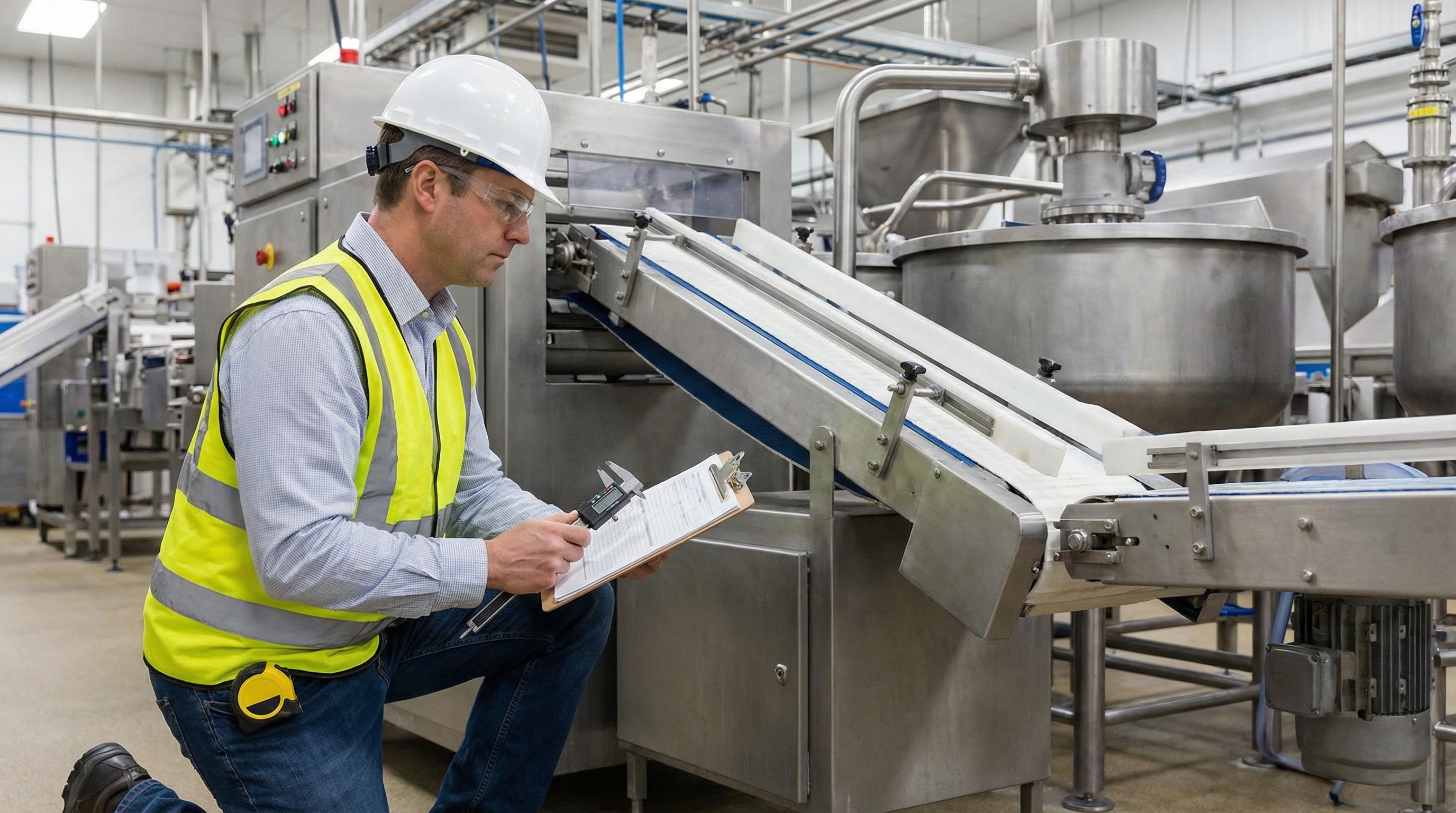 Professional appraiser inspecting industrial machinery in a manufacturing facility