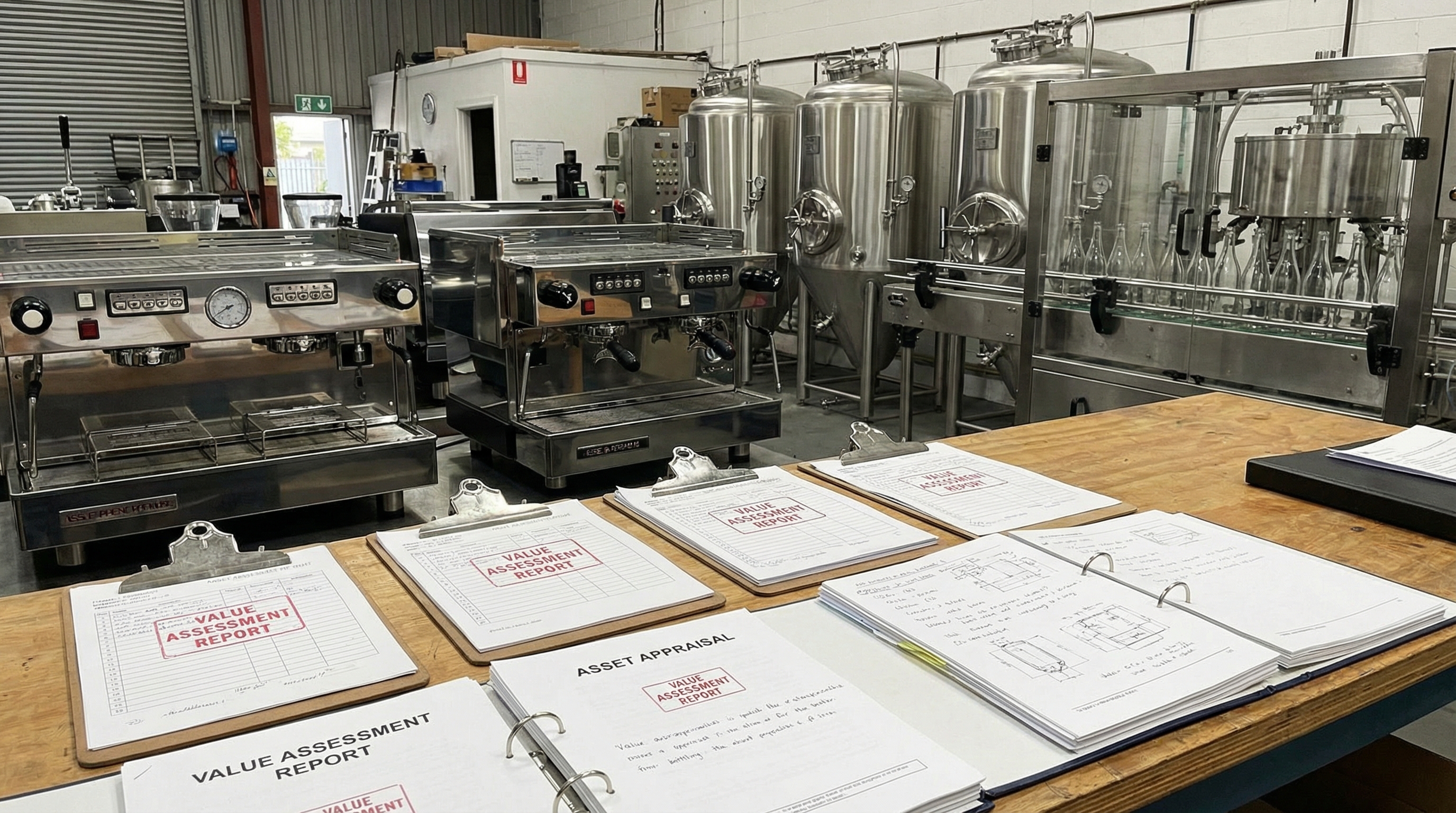close-up of various beverage equipment including espresso machines, brewing tanks, and bottling equipment with value assessment documents