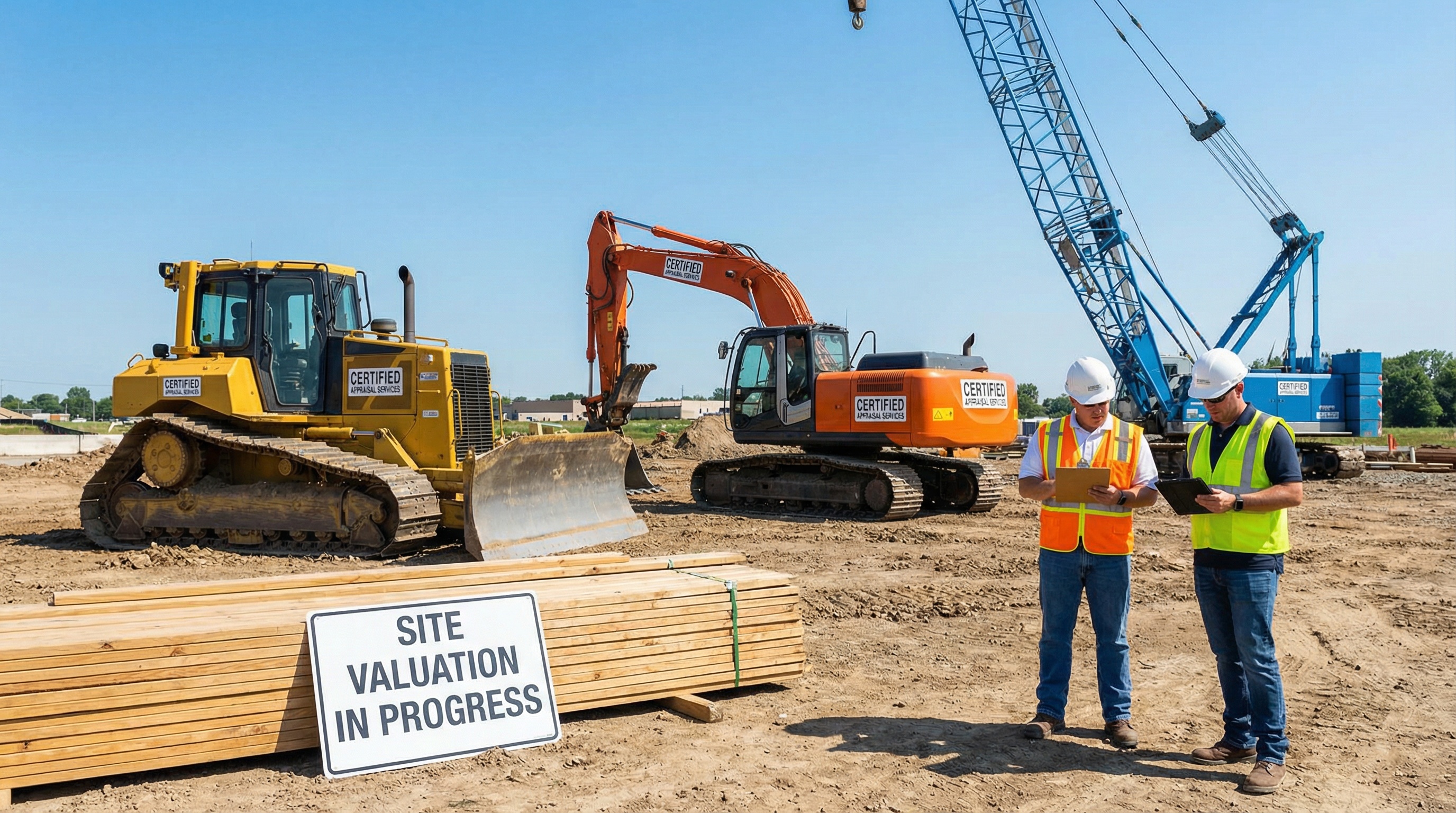 Construction equipment including bulldozer, excavator, and crane for appraisal and valuation