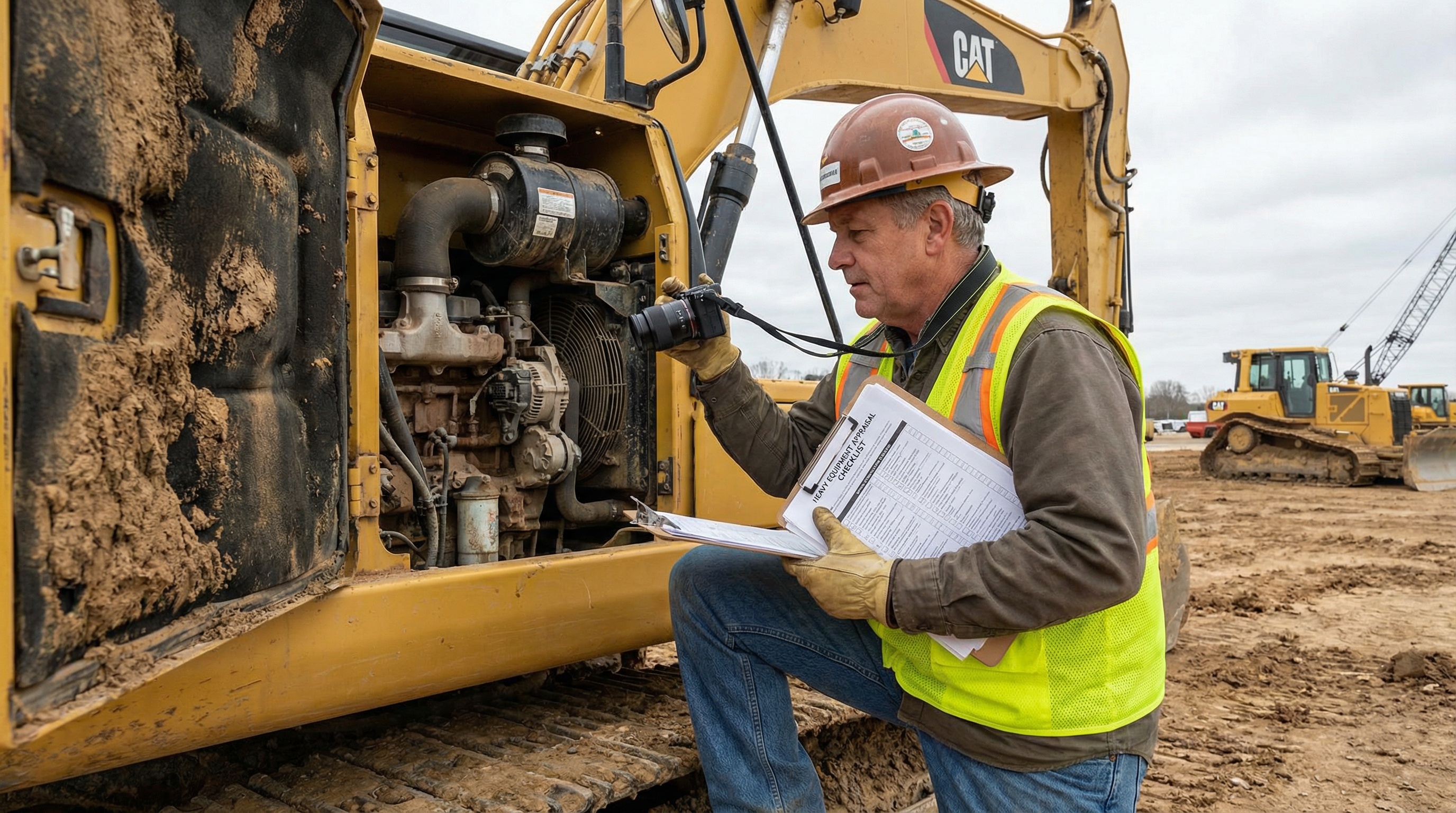 Equipment appraiser inspecting construction machinery with documentation