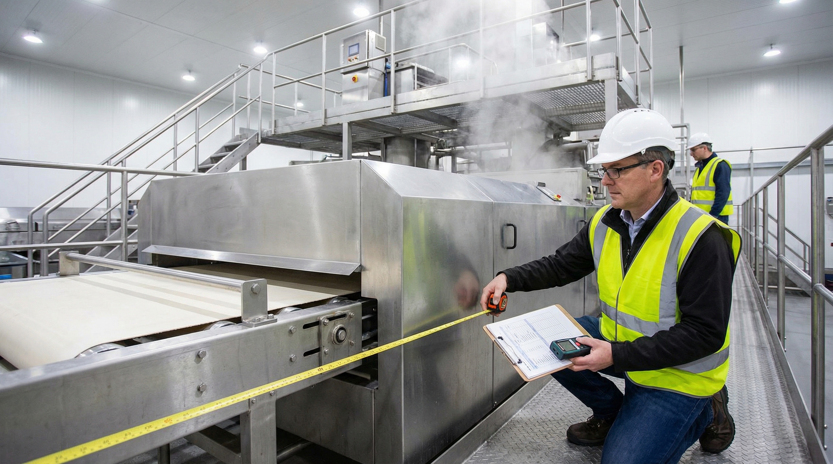 Appraiser inspecting stainless steel food processing equipment with clipboard