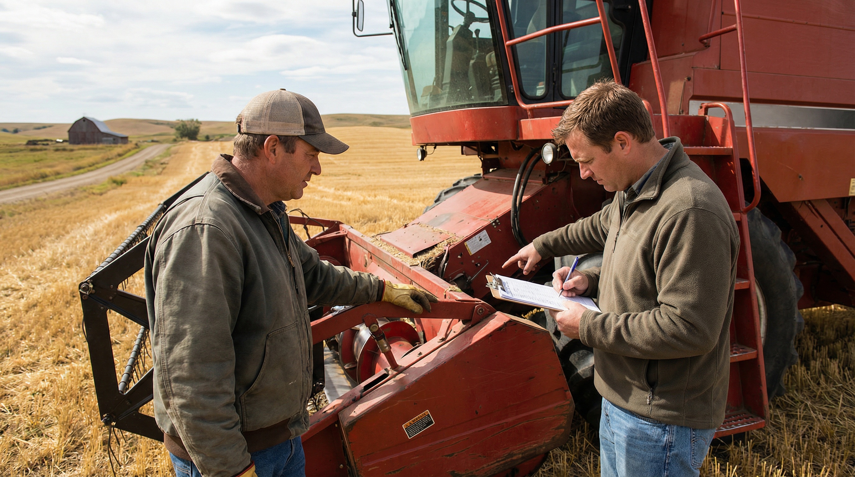 Farmer examining combine harvester with appraiser taking notes
