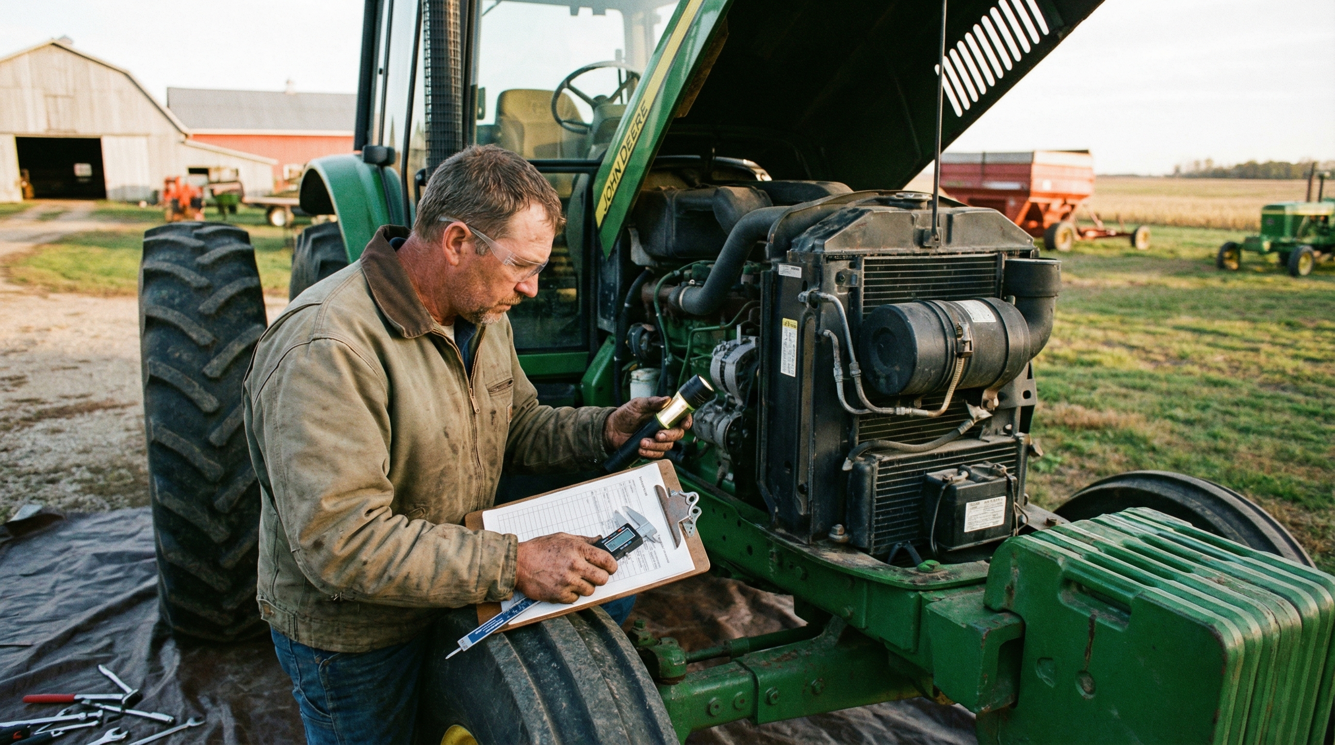 Appraiser inspecting tractor engine with clipboard and measuring tools