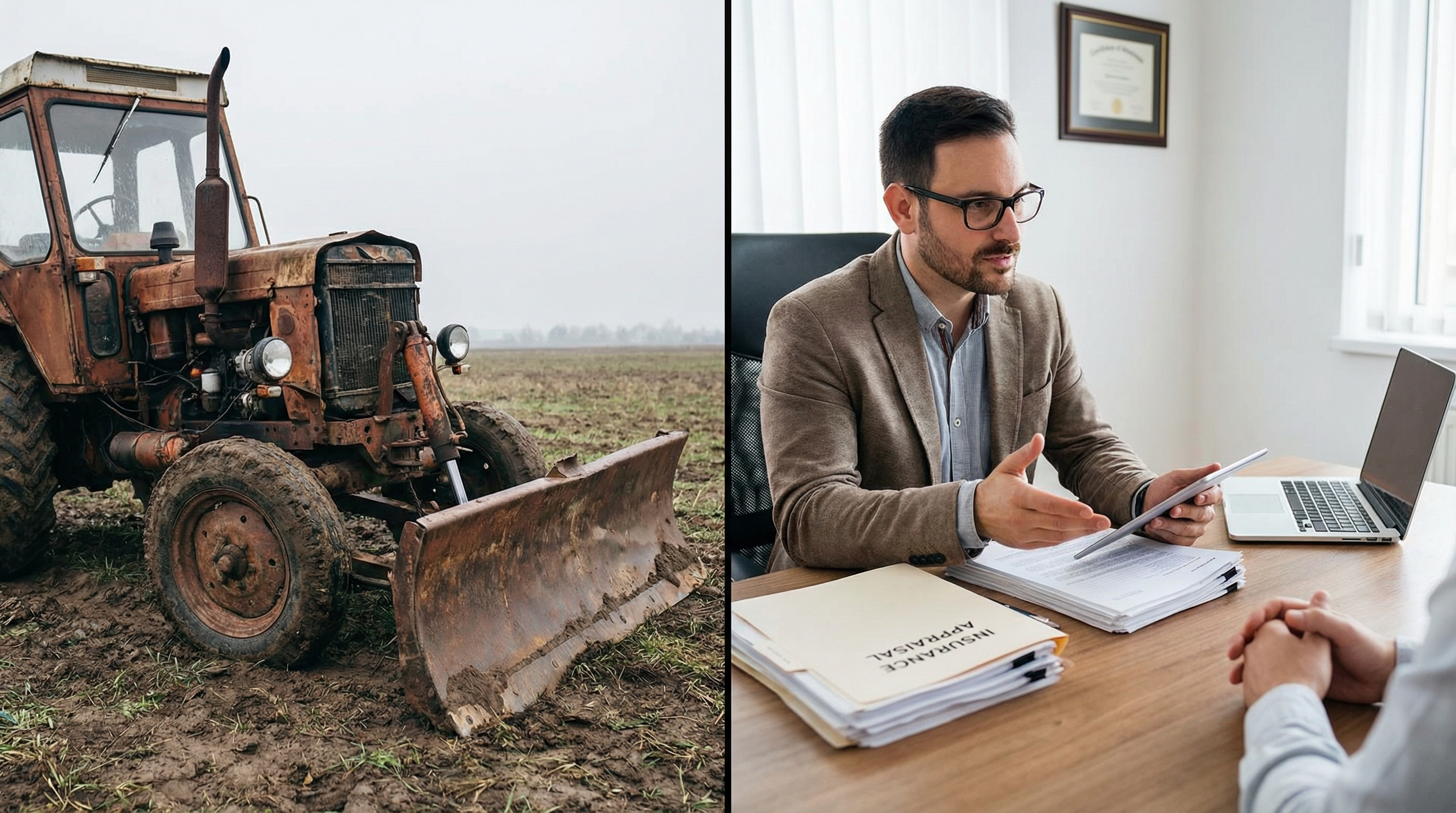 Split screen showing damaged farm equipment and insurance adjuster with appraisal report