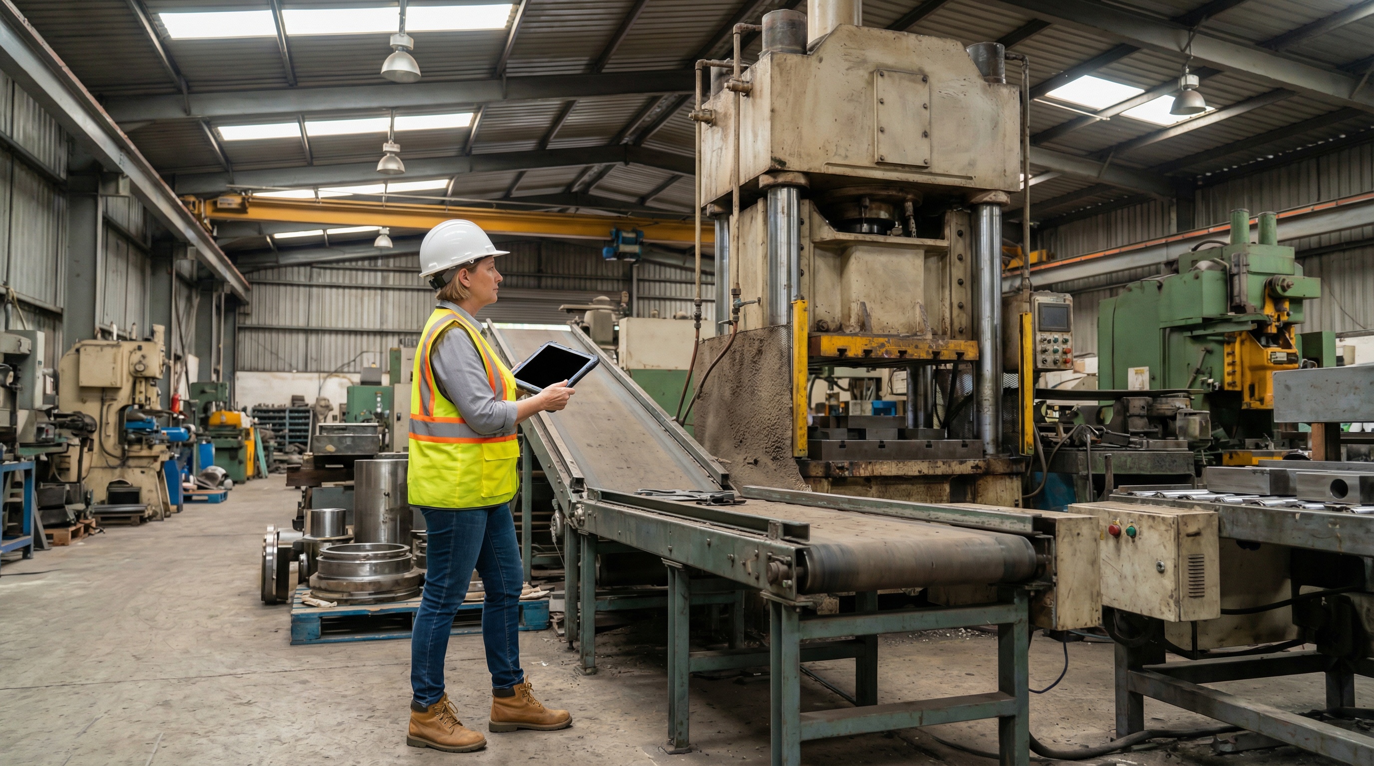 Appraiser using tablet to document heavy industrial equipment specifications