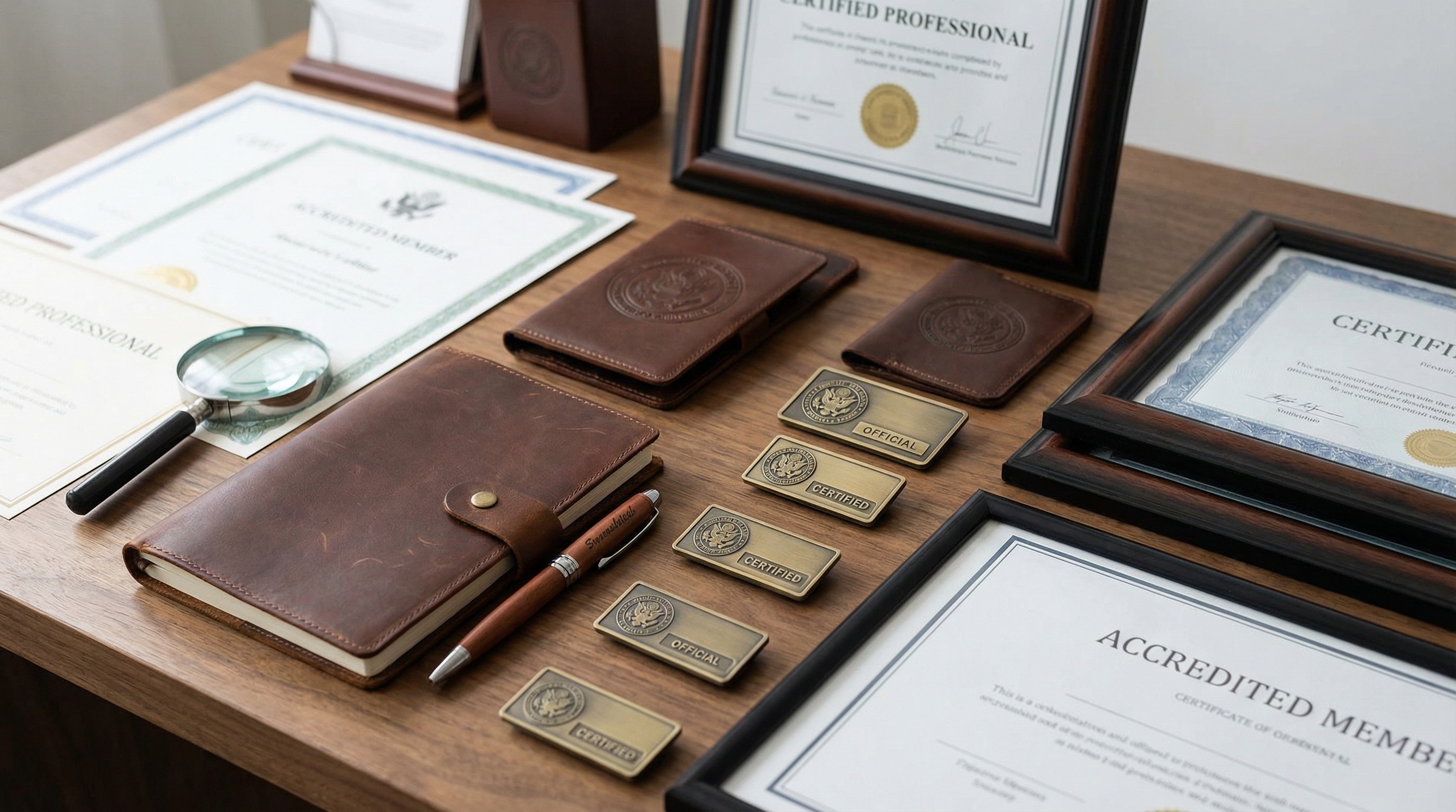 Close-up of professional appraisal credentials and certification documents