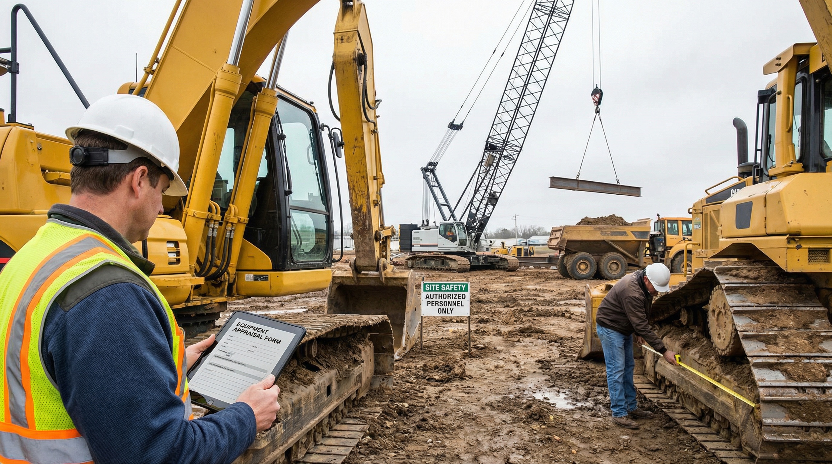 Professional appraiser inspecting excavator at construction site