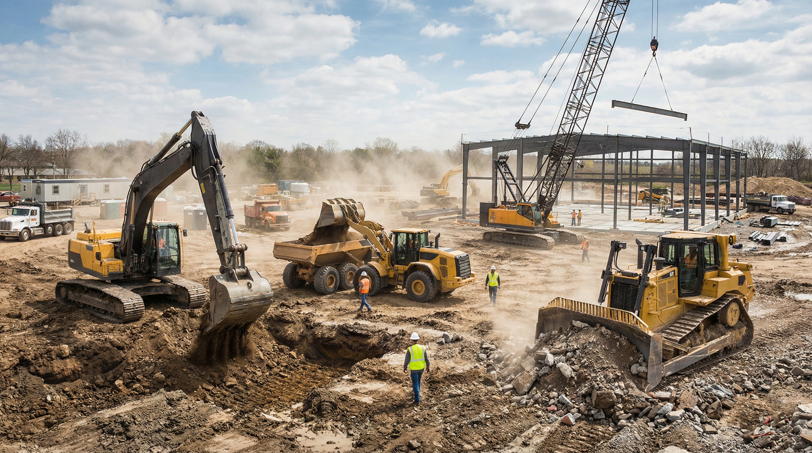 Various types of heavy construction equipment including excavator, loader, crane, and bulldozer at construction site