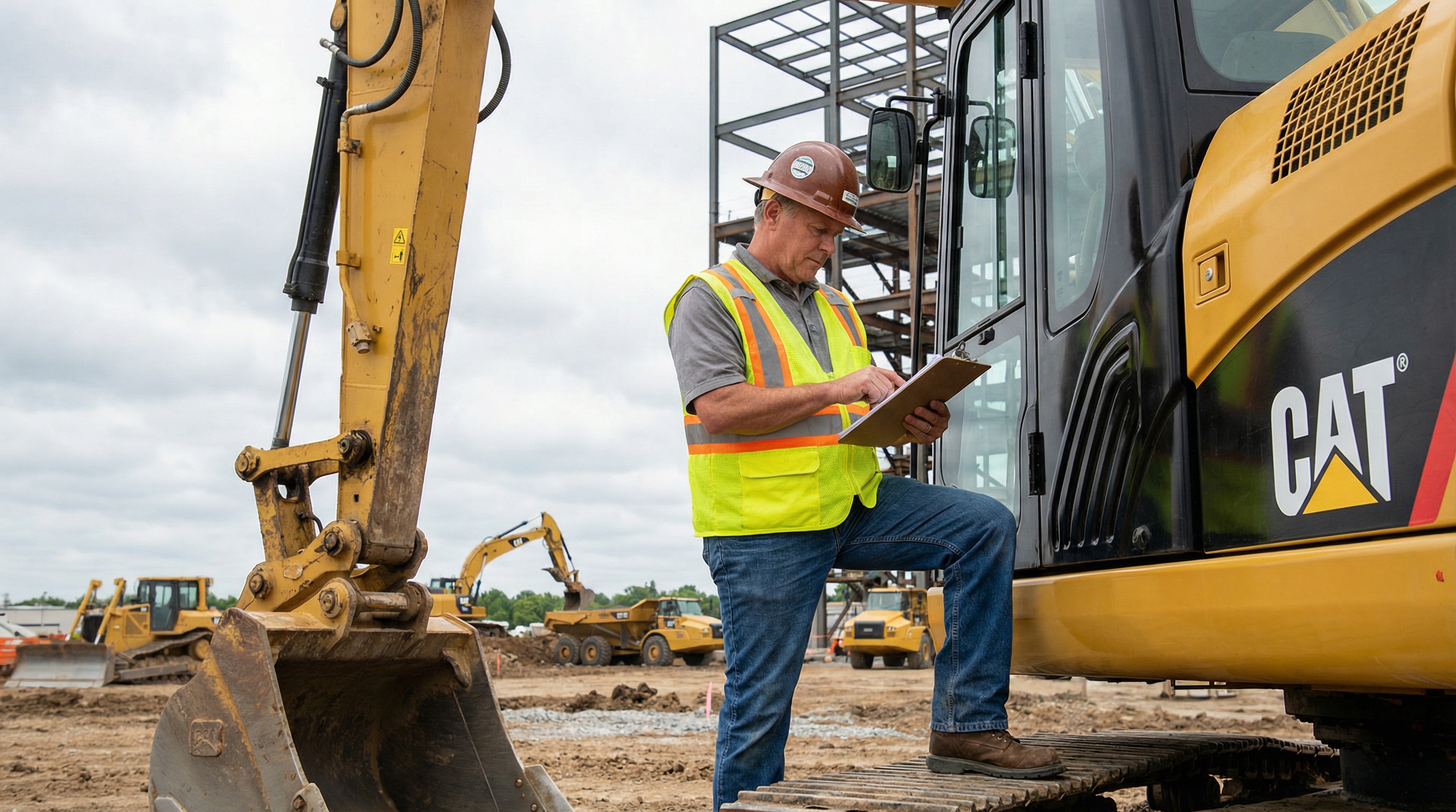 Professional appraiser inspecting heavy construction equipment with clipboard and tablet