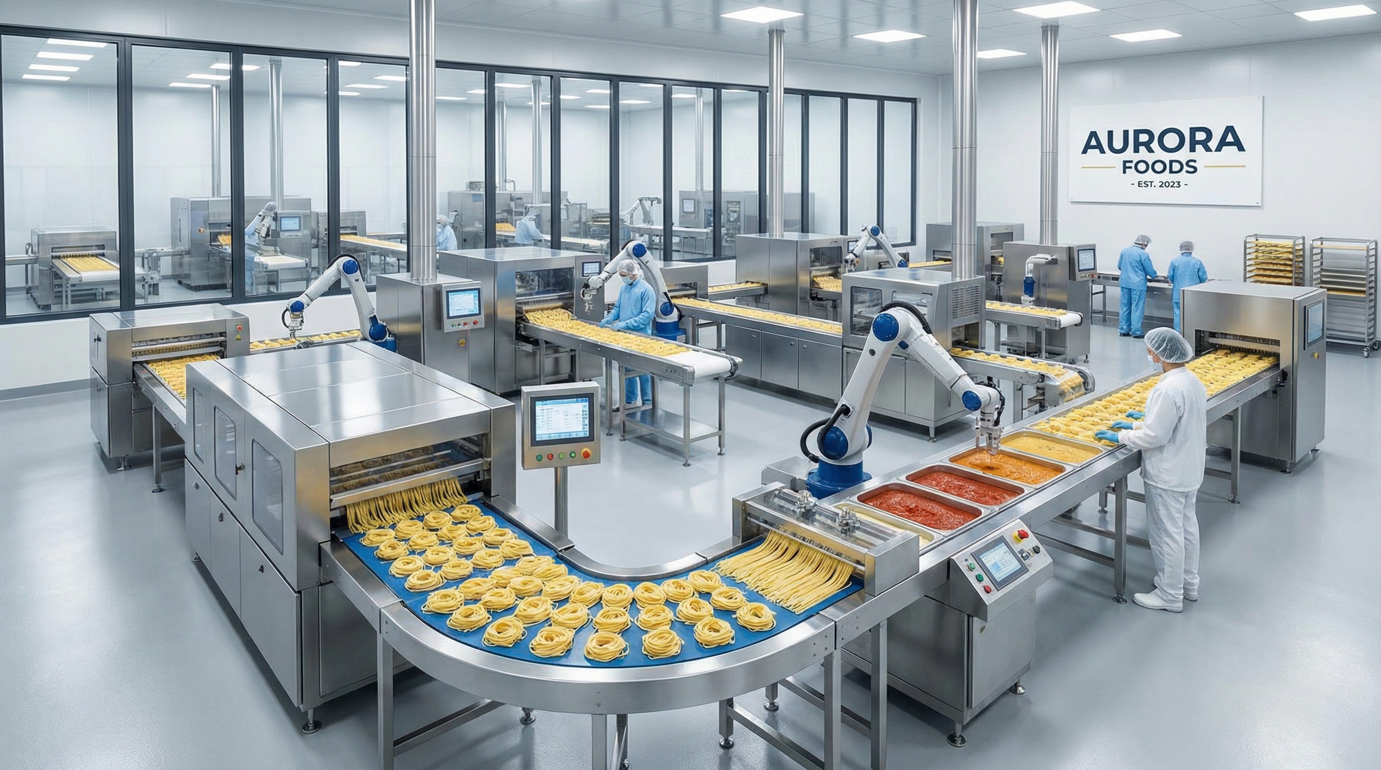 Modern food processing facility with stainless steel equipment and production lines