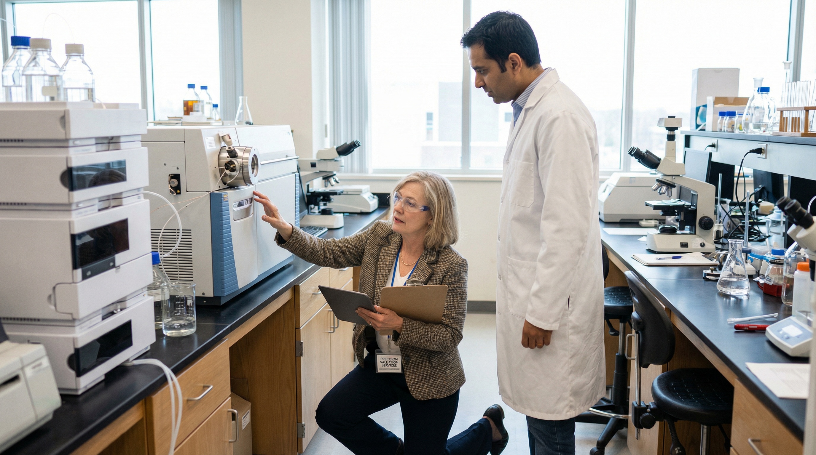 Appraiser conducting laboratory equipment inspection