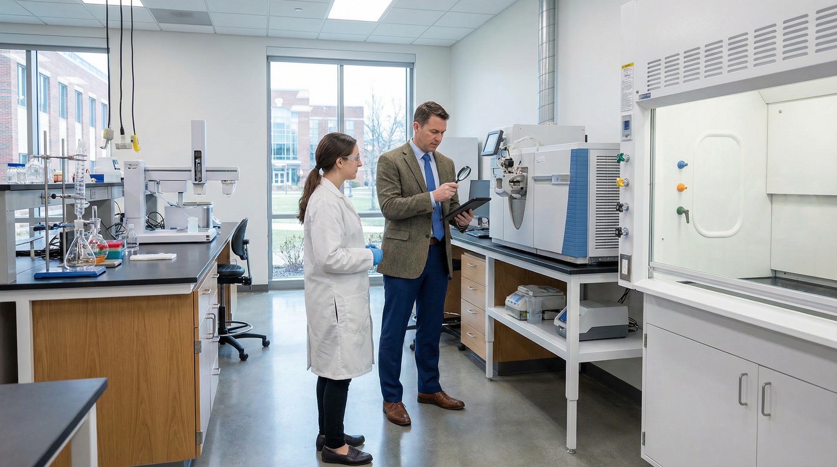 Professional appraiser examining laboratory scientific instruments