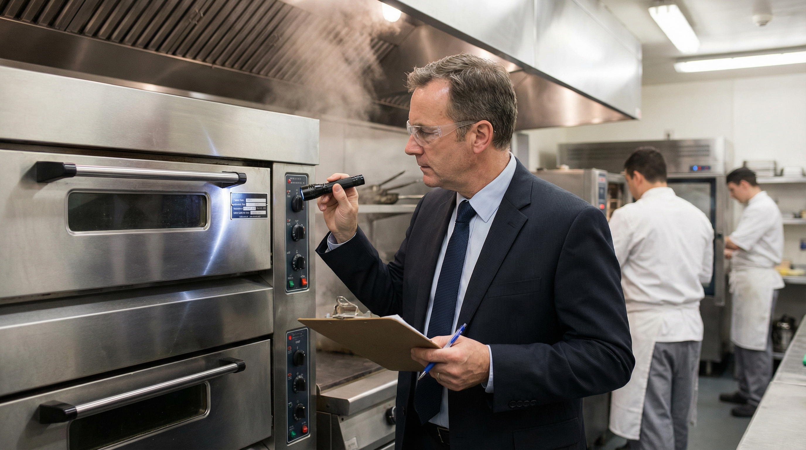 professional appraiser examining commercial kitchen equipment with clipboard and measuring tools
