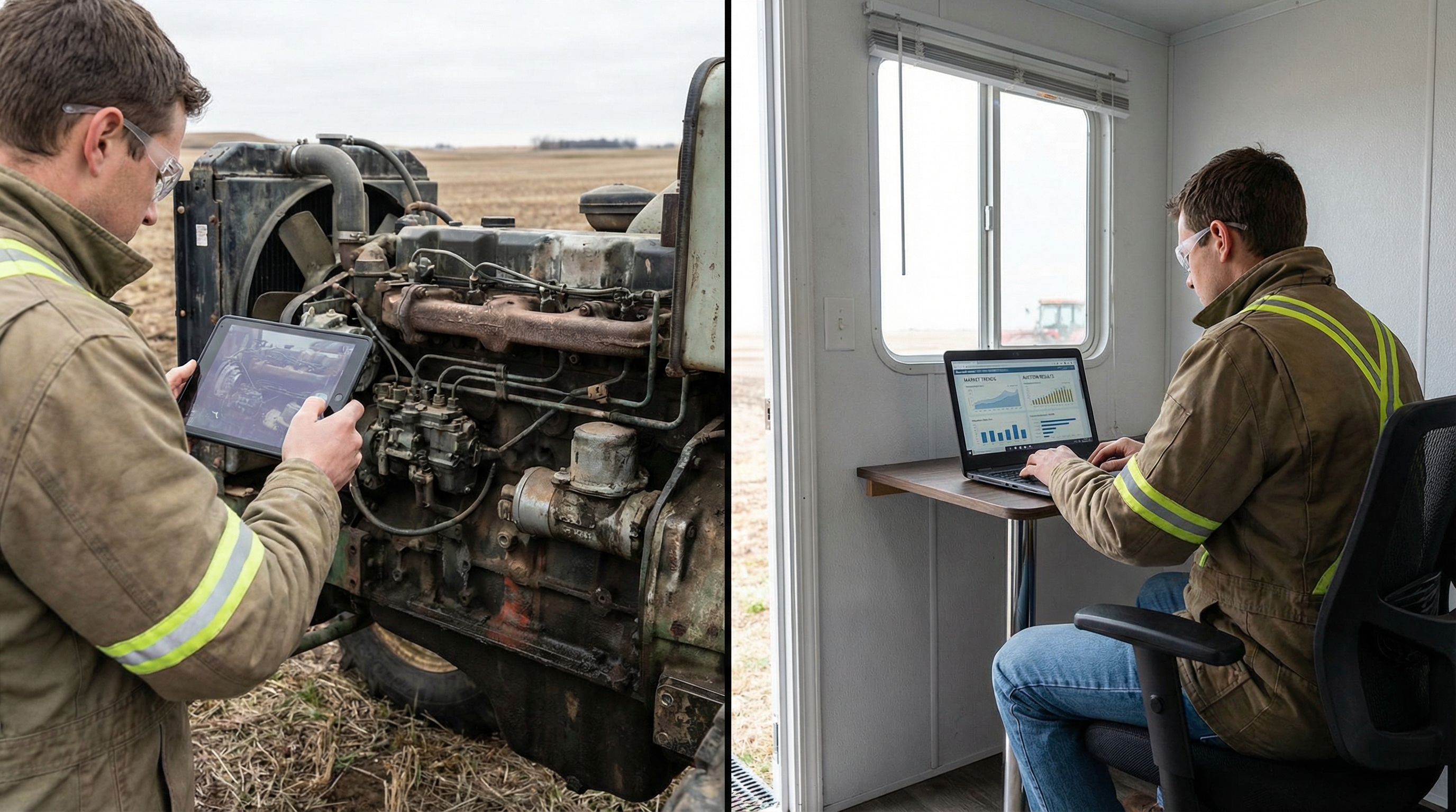 Split screen showing appraiser taking detailed photos of tractor engine and reviewing market data on laptop